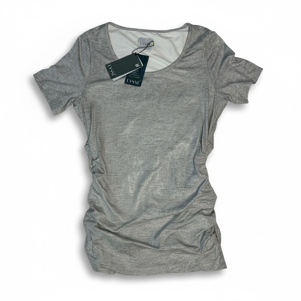 Lyssé Metallic Grey Ruched
Side Short Sleeve Scoop Neck
Mini Dress